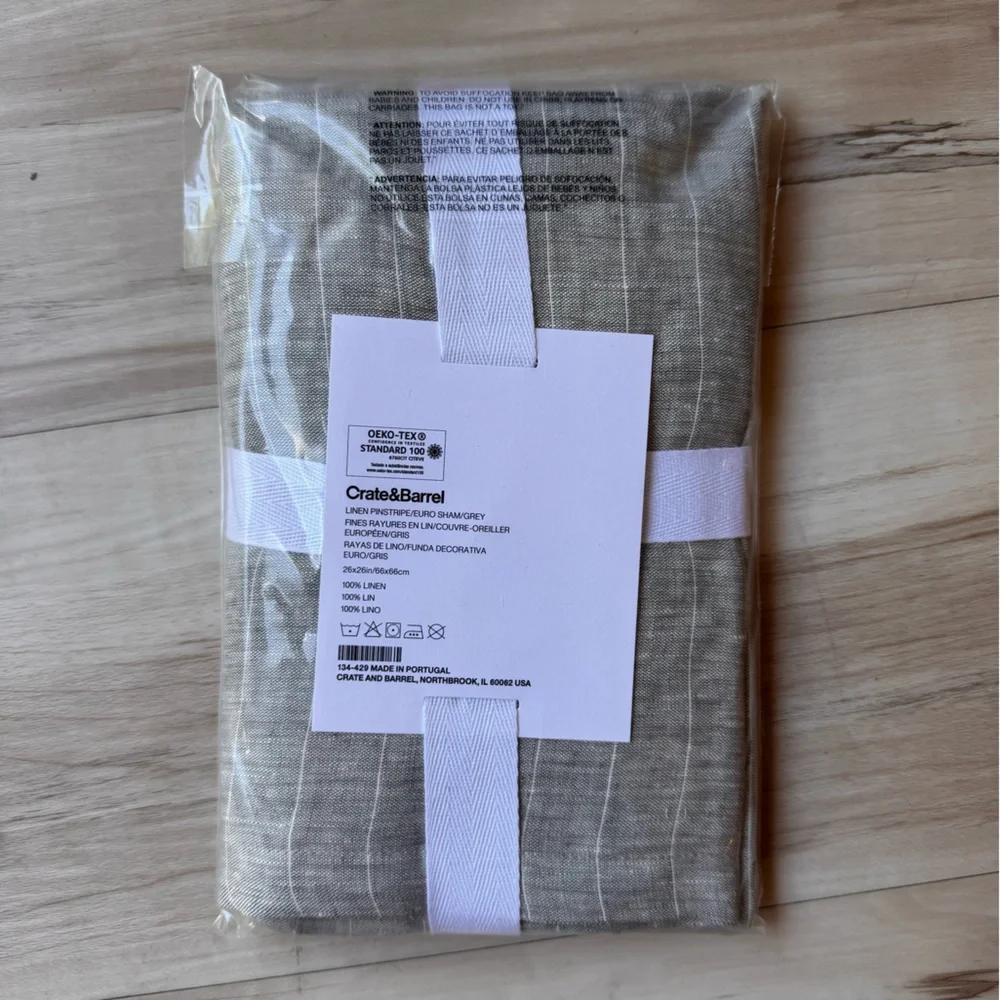Crate&Barrel Gray Pinstripe Linen Euro Pillow Shams